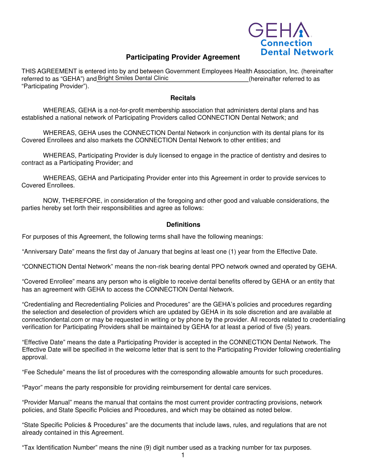 A completed sample of the Connection Dental Network Provider Application for a solo dental practitioner.