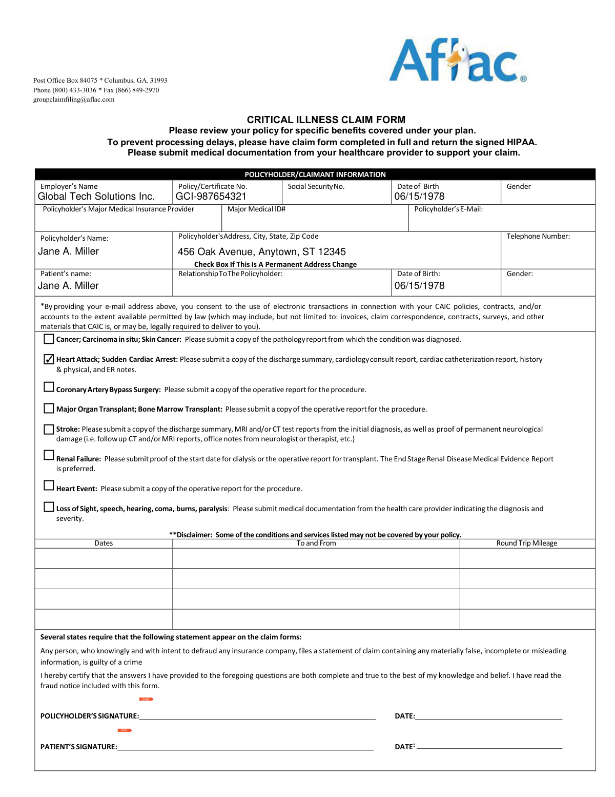 A completed sample of a Continental American Insurance Company (CAIC) / Aflac Group Critical Illness Claim Form for a heart attack diagnosis.
