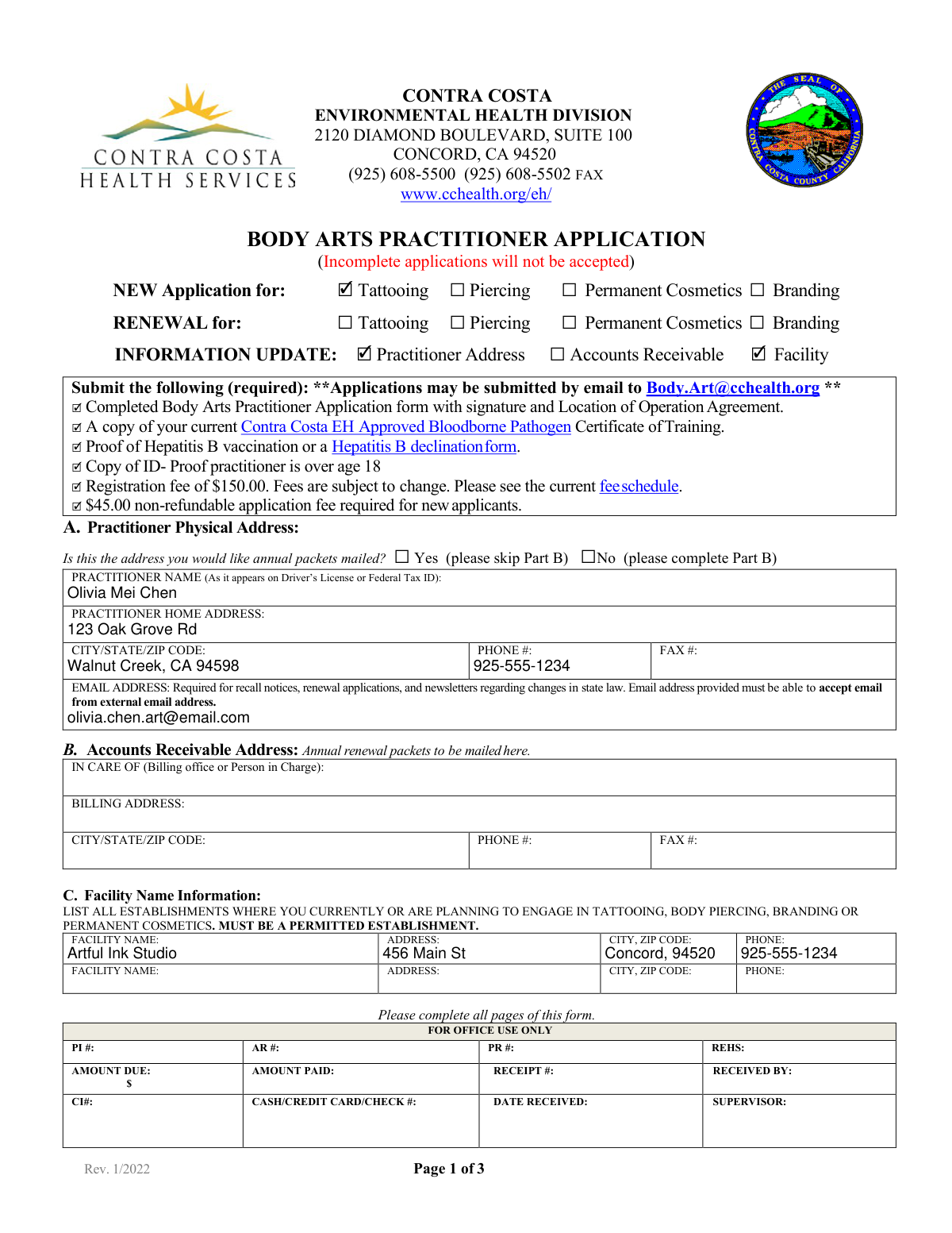 Completed Contra Costa Environmental Health Division Body Arts Practitioner Application for a new tattoo artist.