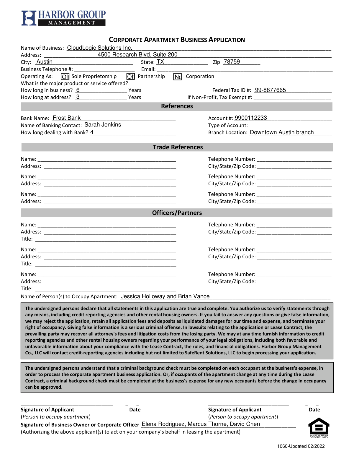 Filled Corporate Apartment Business Application form rendered as a web page.