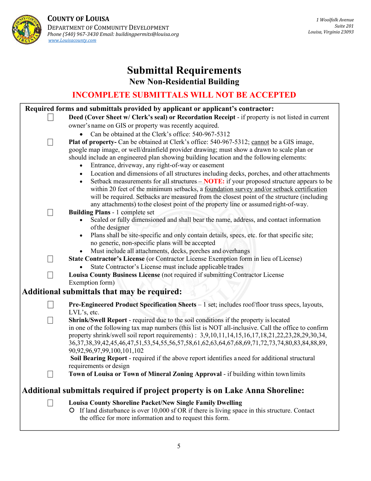 Completed County of Louisa Department of Community Development – New Non-Residential Building Permit application for a new commercial bookstore.