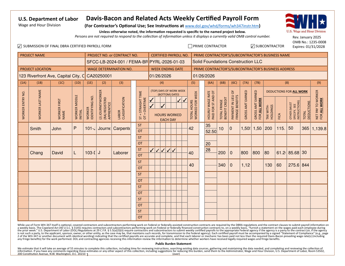 Completed Davis-Bacon and Related Acts Weekly Certified Payroll Form (WH-347) for a subcontractor's final project submission.