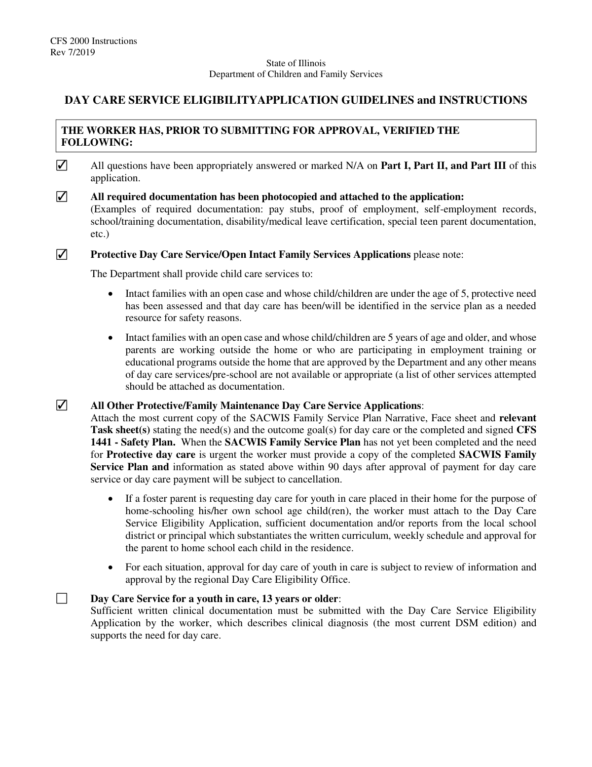 Completed Day Care Service Application Worker Verification Checklist form example