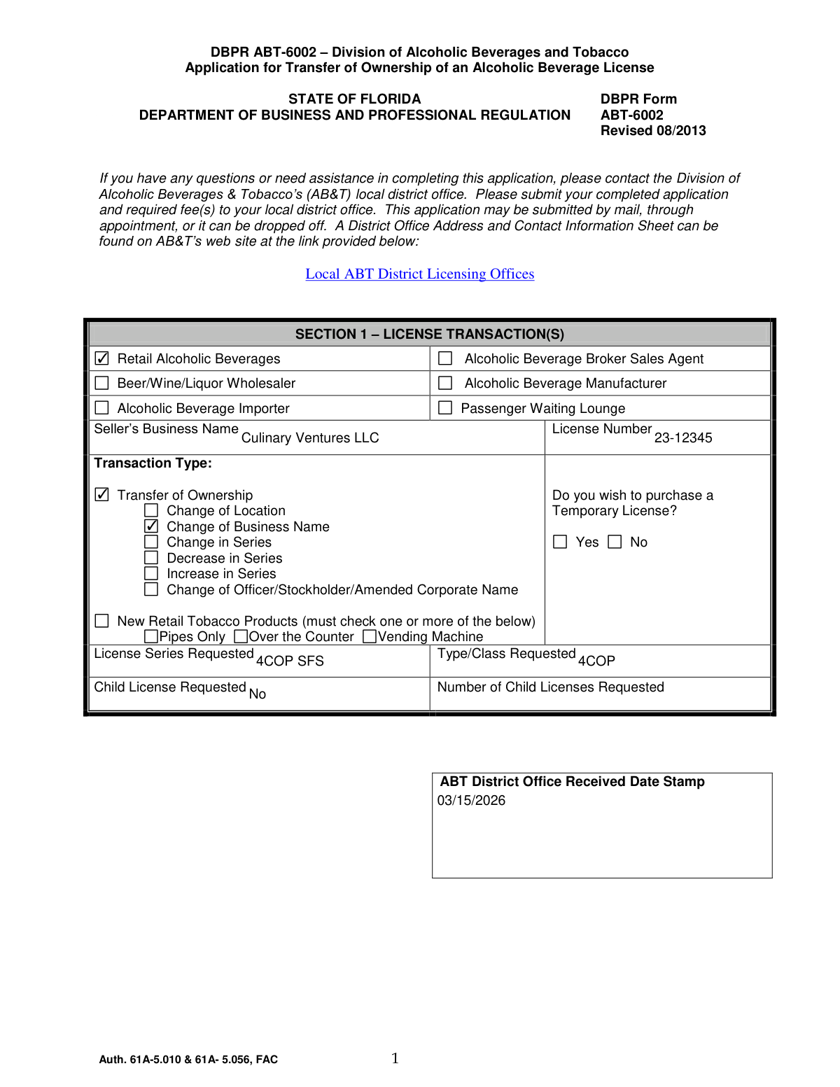 Completed DBPR ABT-6002 form for the transfer of a 4COP-SFS restaurant liquor license in Florida.