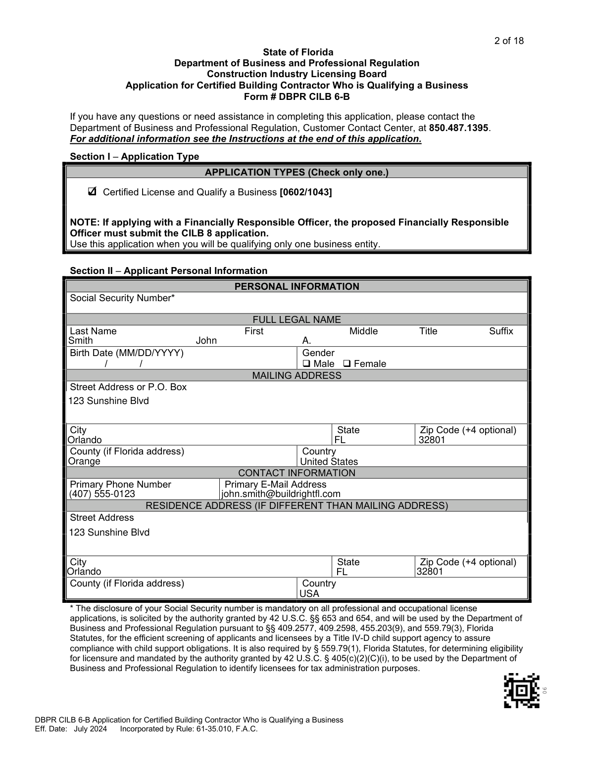 Completed DBPR CILB 6-B form for a certified building contractor qualifying a new LLC in Florida.