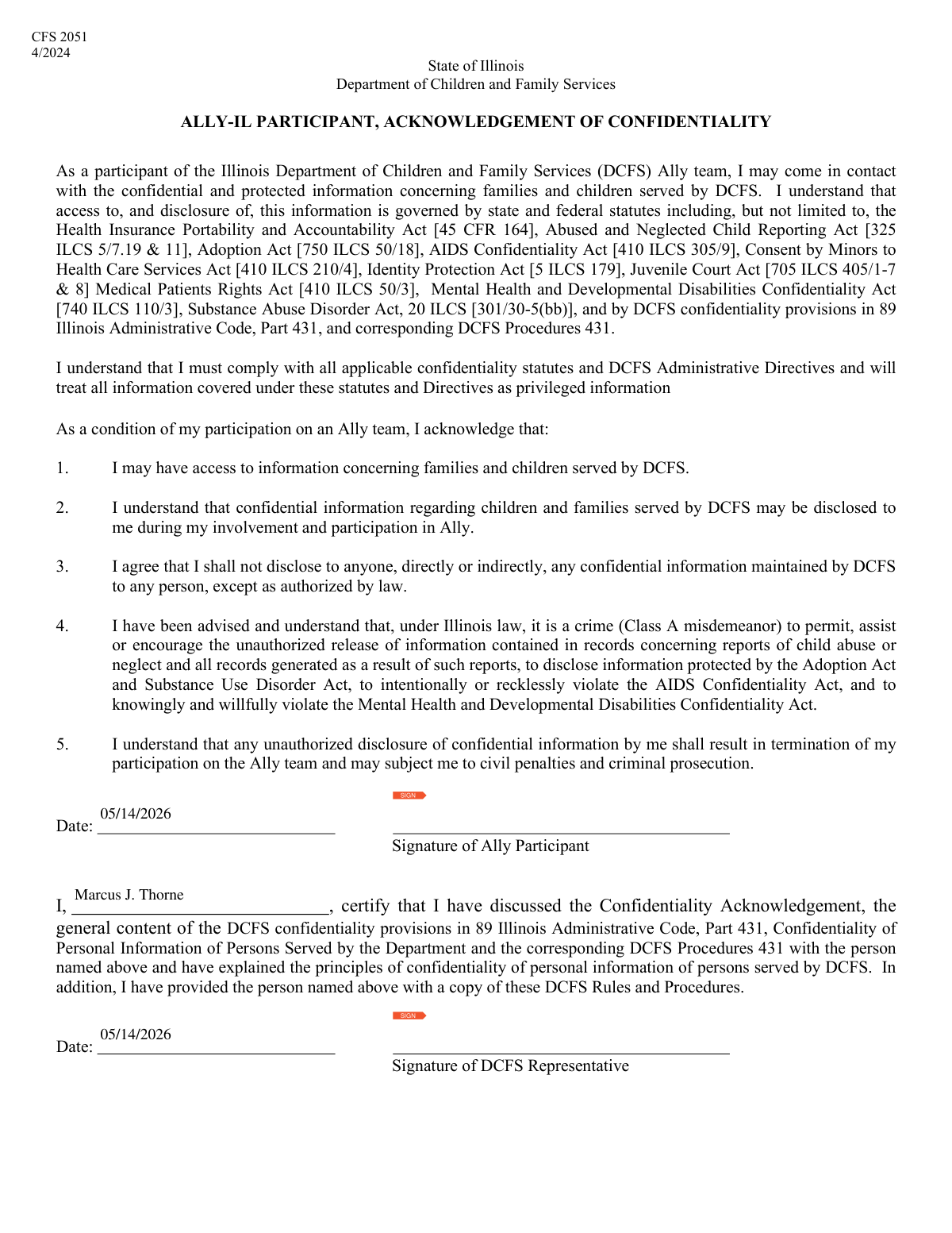 Filled DCFS Ally Participant Signature Form showing extracted fields