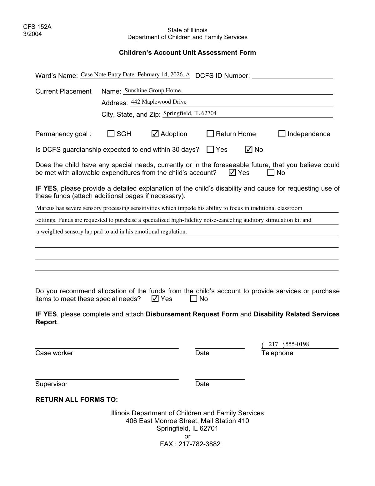 Completed DCFS Caseworker Recommendation for Use of Child's Funds form