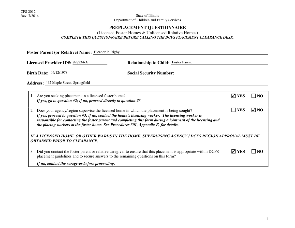Filled out DCFS Foster and Relative Home Placement Checklist digital form