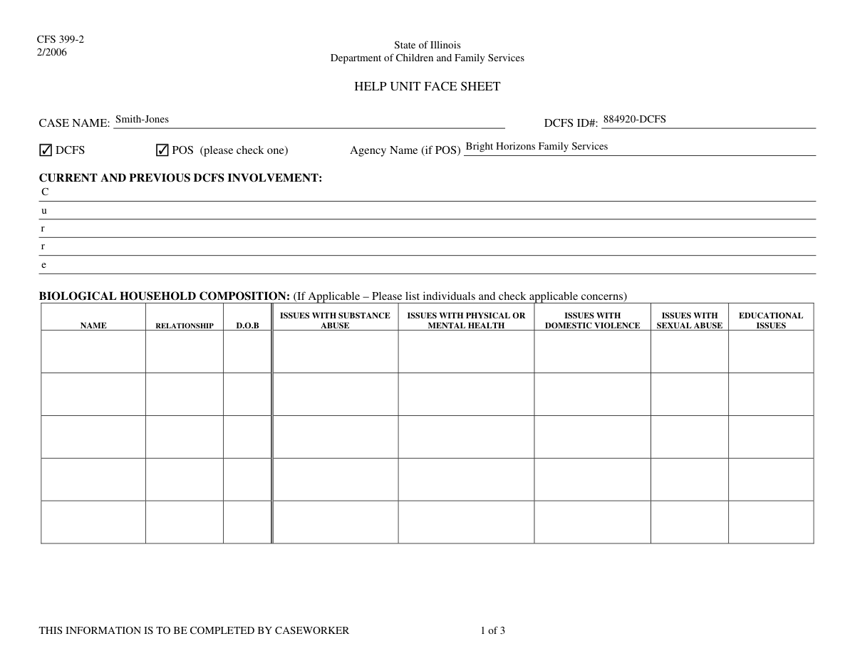 A completed DCFS Help Unit Consultation Request Form showing extracted household and case data.