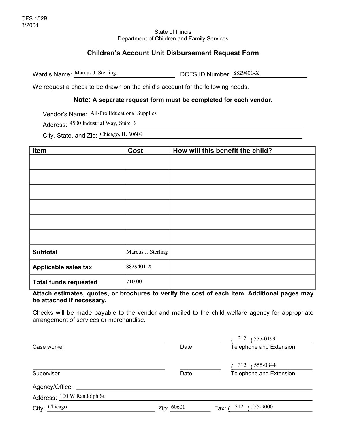 Completed DCFS Request for Disbursement form showing automated data entry from clinical notes