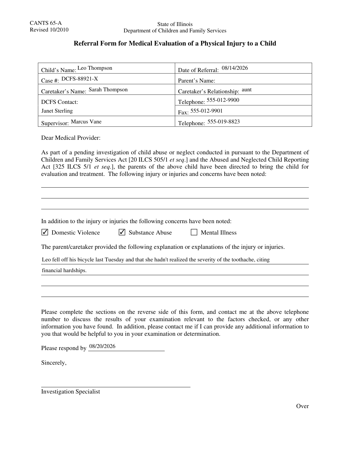 Completed DCFS Suspected Child Abuse/Neglect Referral Information Request form