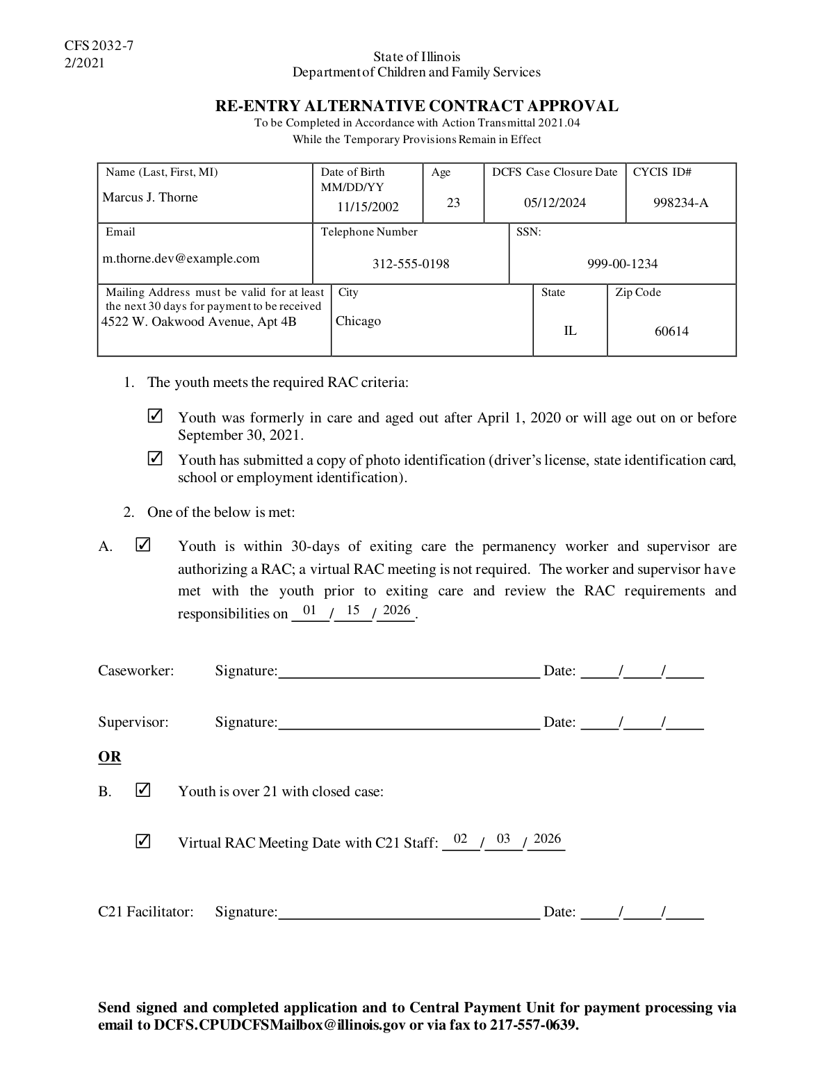 Completed DCFS Youth Recovery Assistance Checklist (RAC) generated from email notes