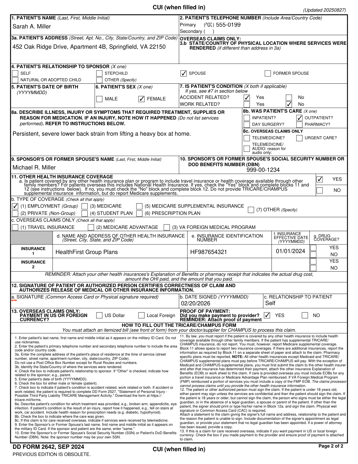 Completed DD Form 2642 example for a TRICARE patient reimbursement request