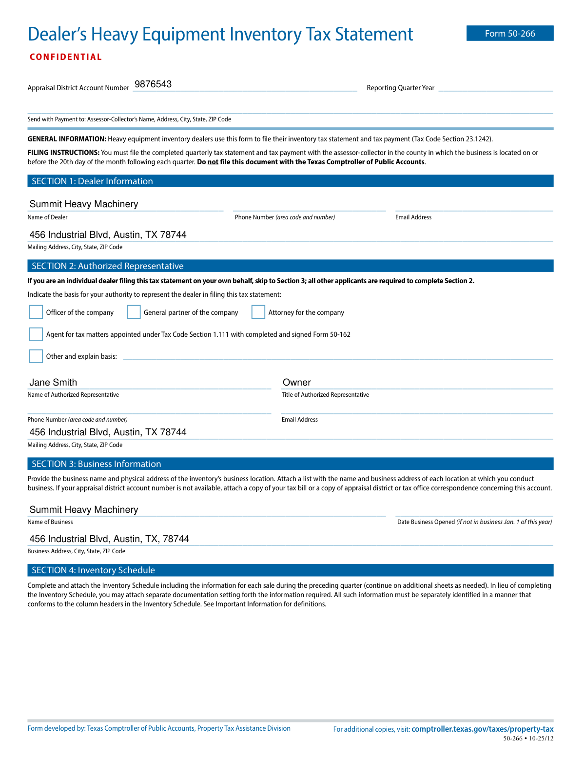 Completed Texas Dealer’s Heavy Equipment Inventory Tax Statement (Form 50-266) for a fictional dealership.