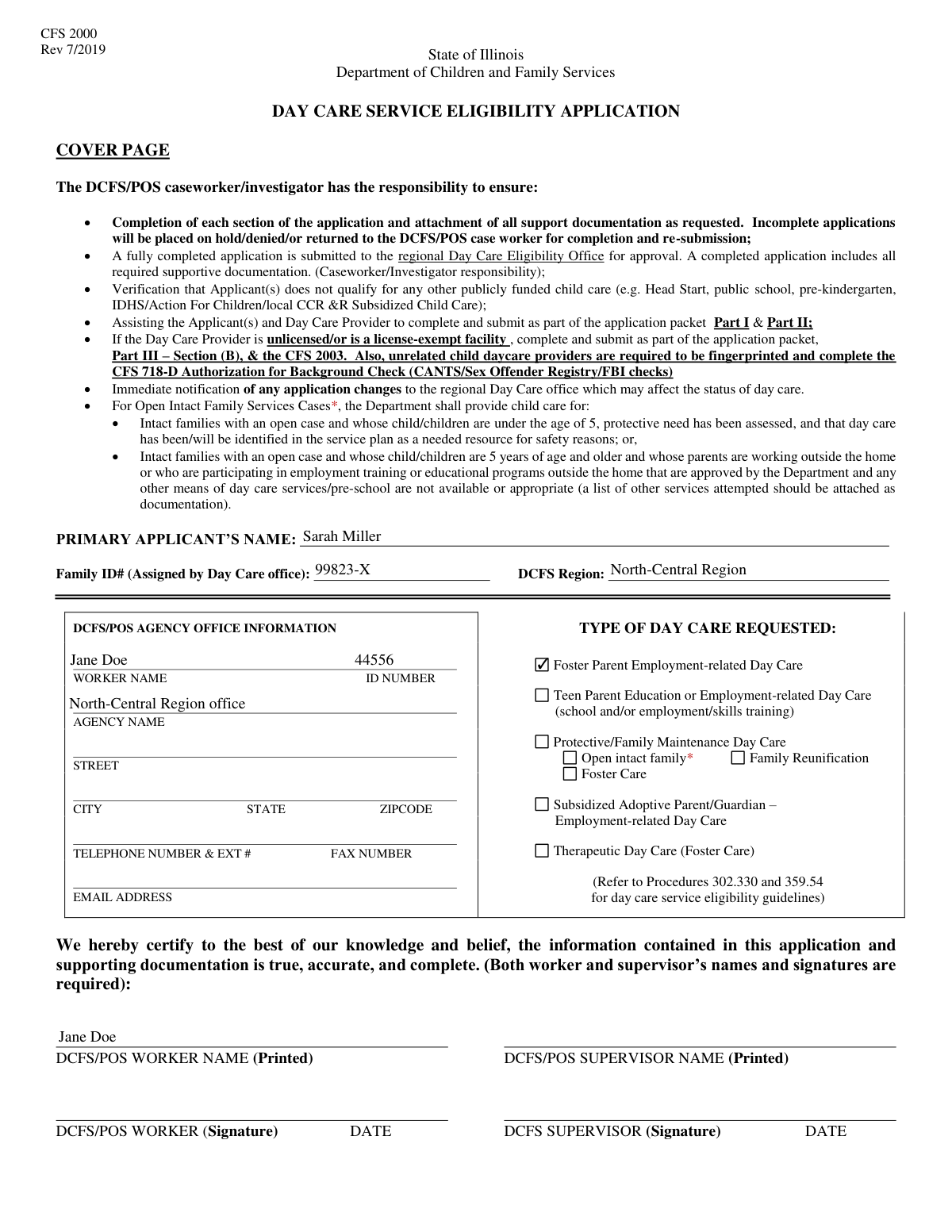 Completed DCFS Day Care Service Eligibility Application form