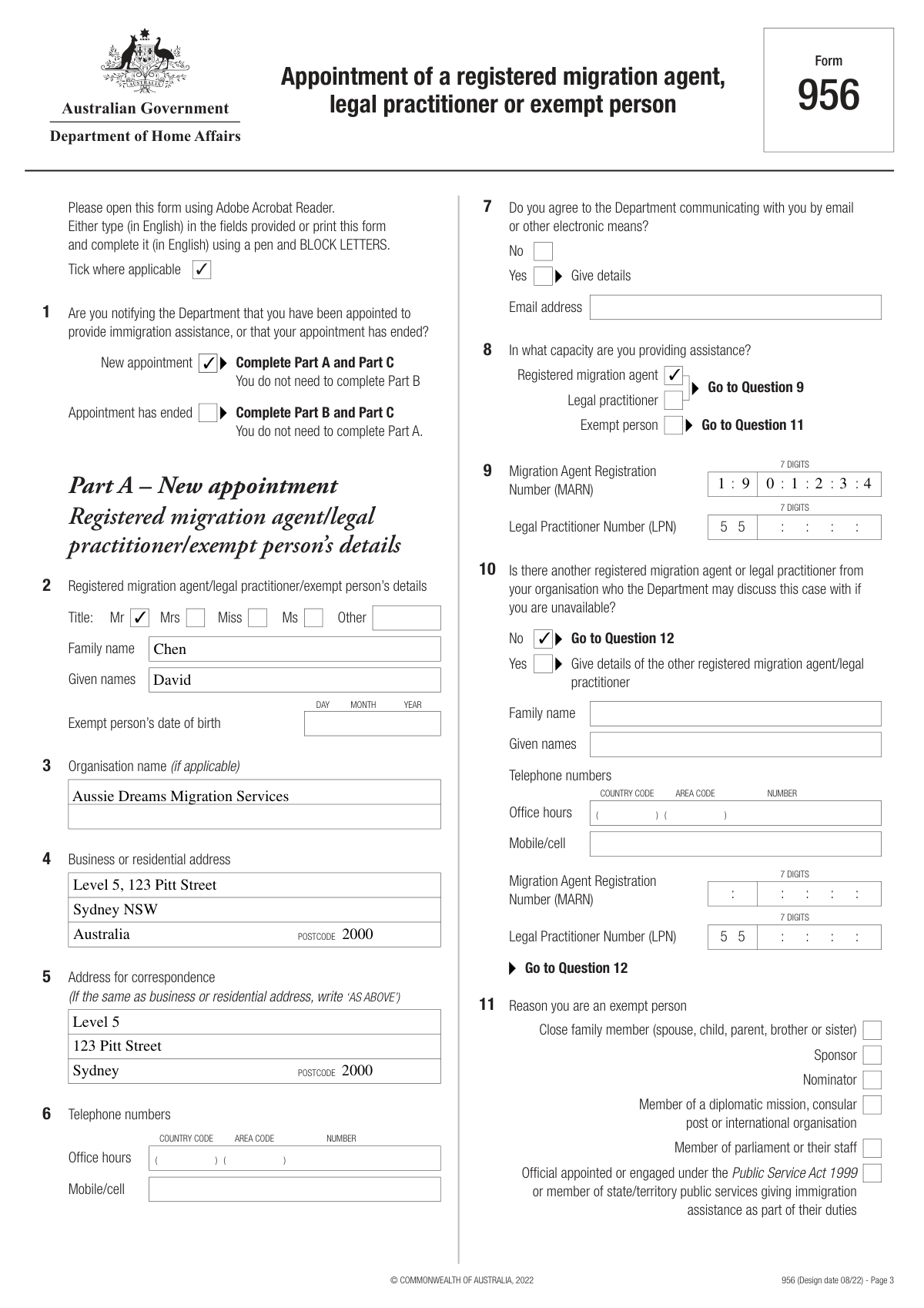 Completed sample of Form 956 for the appointment of a registered migration agent.