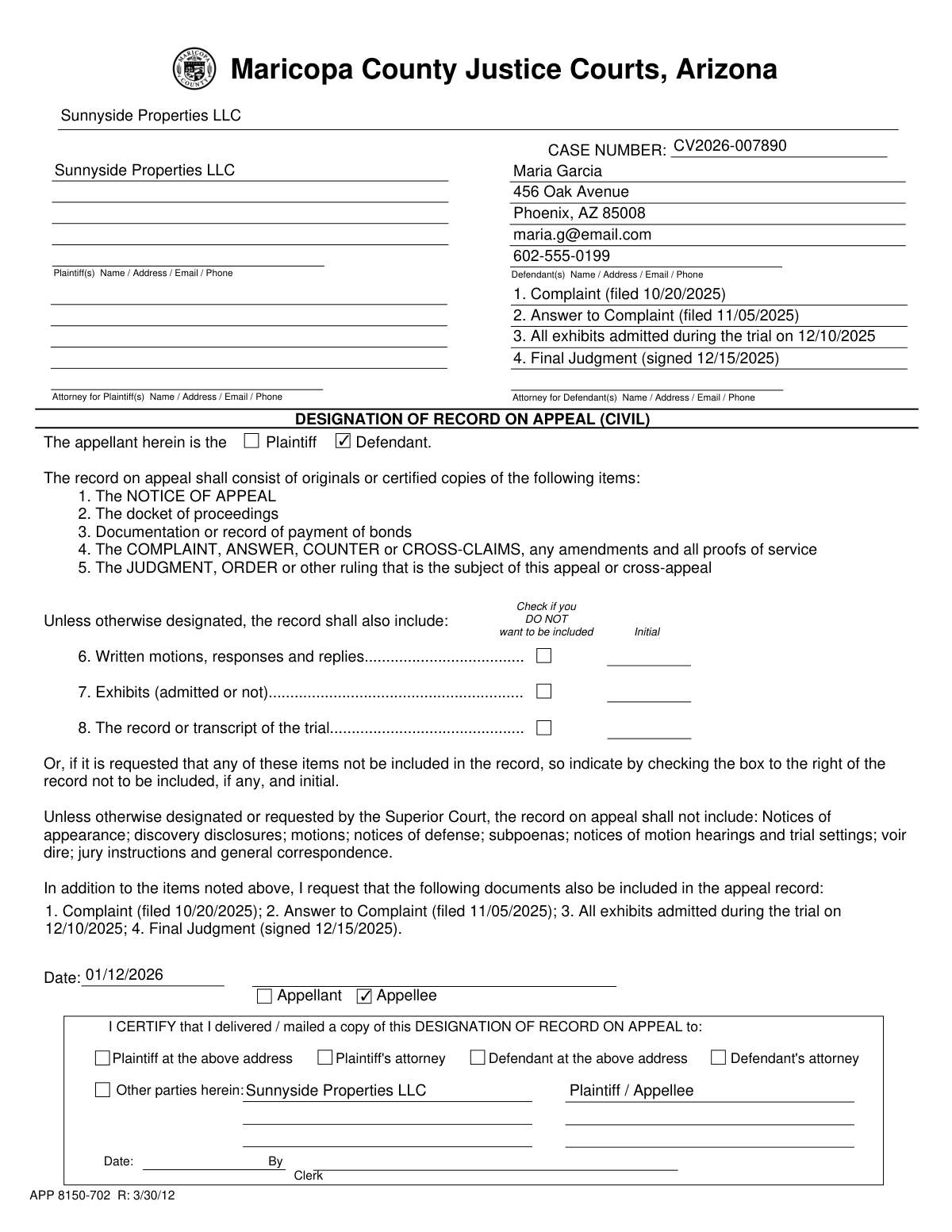 A filled-out sample of Form APP 8150-702, Designation of Record on Appeal (Civil), for the Maricopa County Justice Courts in Arizona.