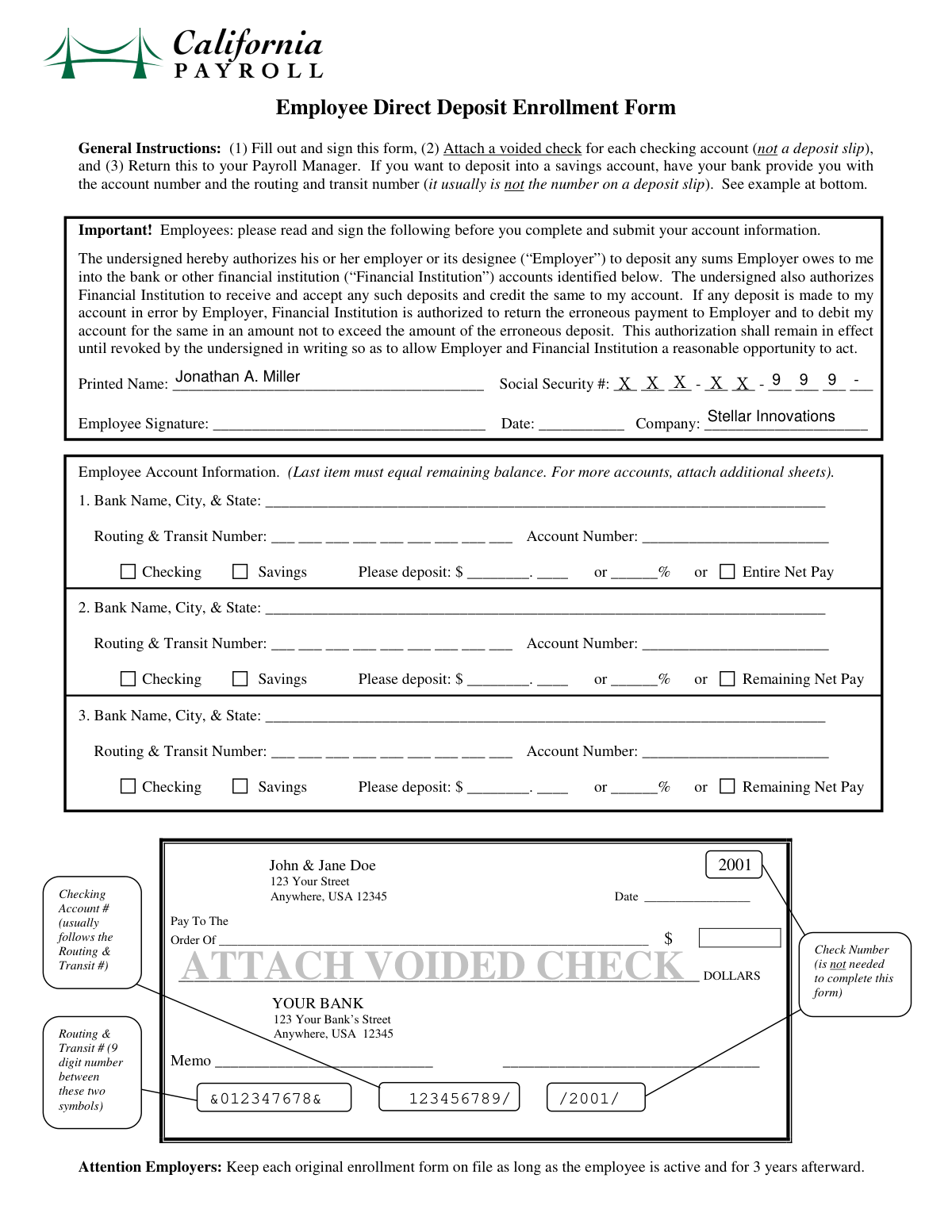 Completed Direct Deposit Authorization Form for a new hire