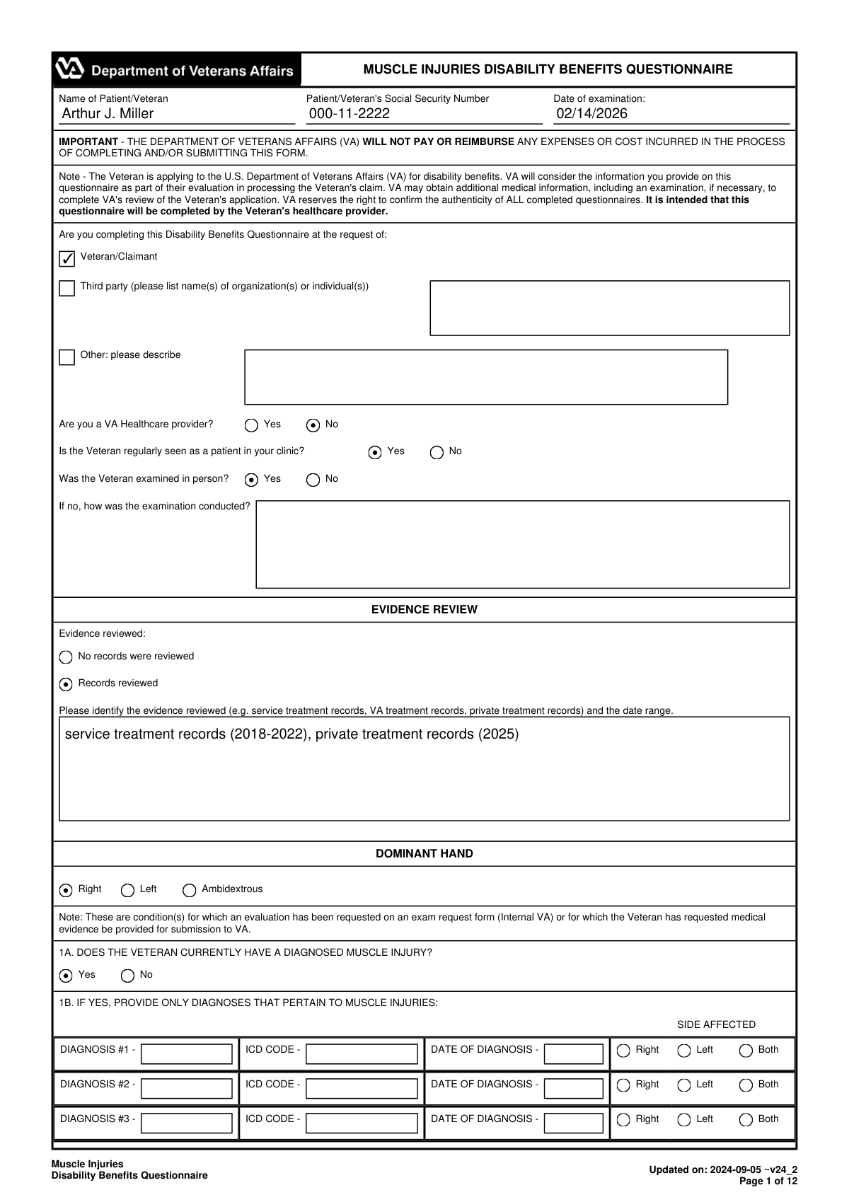 A screenshot showing a completed Disability Benefits Questionnaire (DBQ) for Muscle Injuries, highlighting the structured extraction of clinical data.