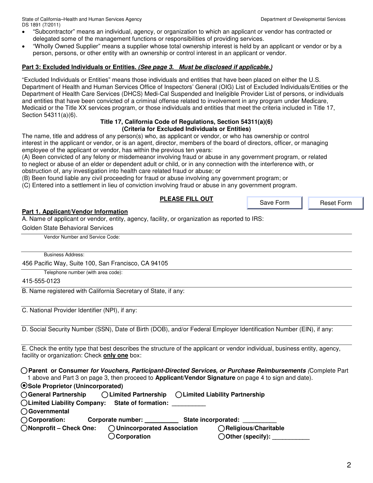 Completed DS 1891 Applicant/Vendor Disclosure Statement for a new sole proprietor service provider.