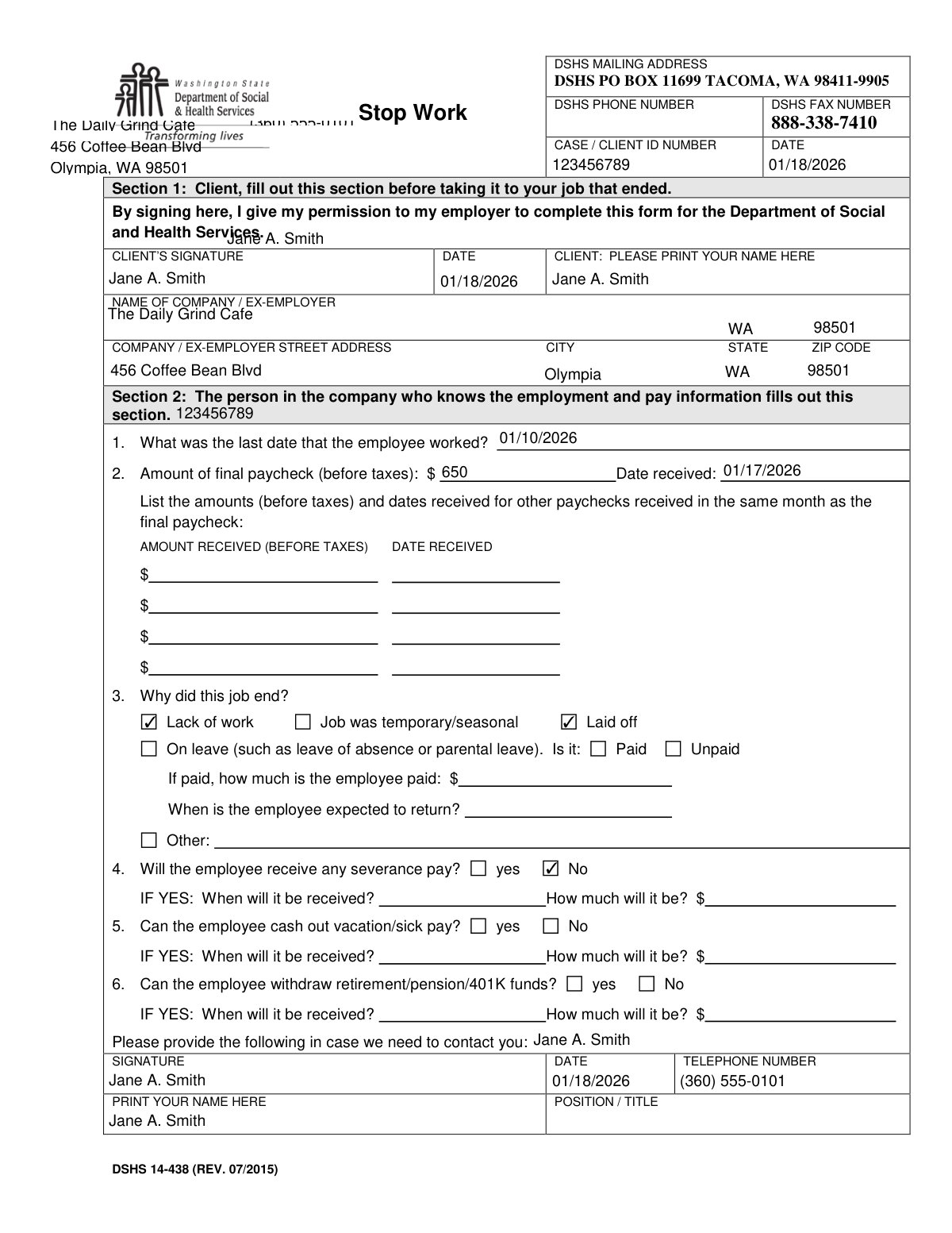 A completed sample of the DSHS 14-438 Stop Work form for an individual who was recently laid off.