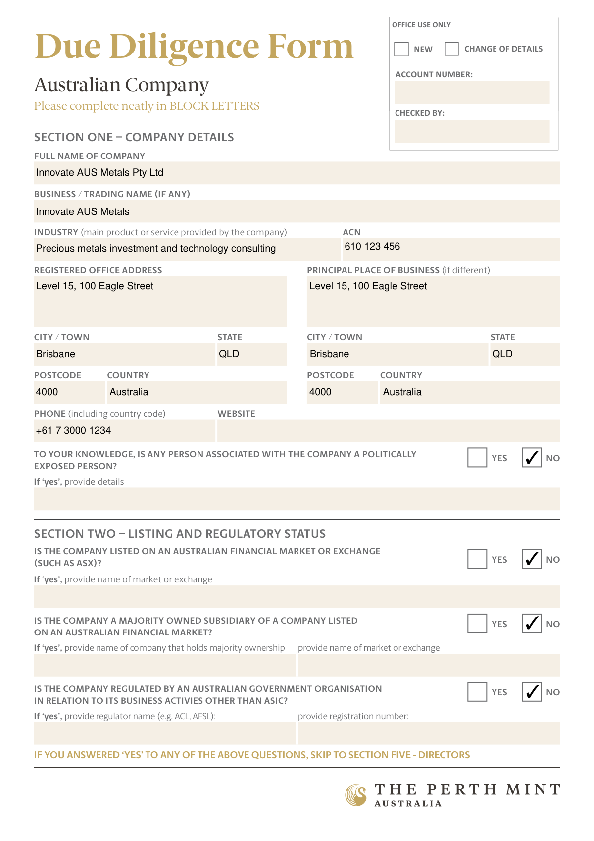 A sample of a completed Due Diligence Form for an Australian Company applying to The Perth Mint.