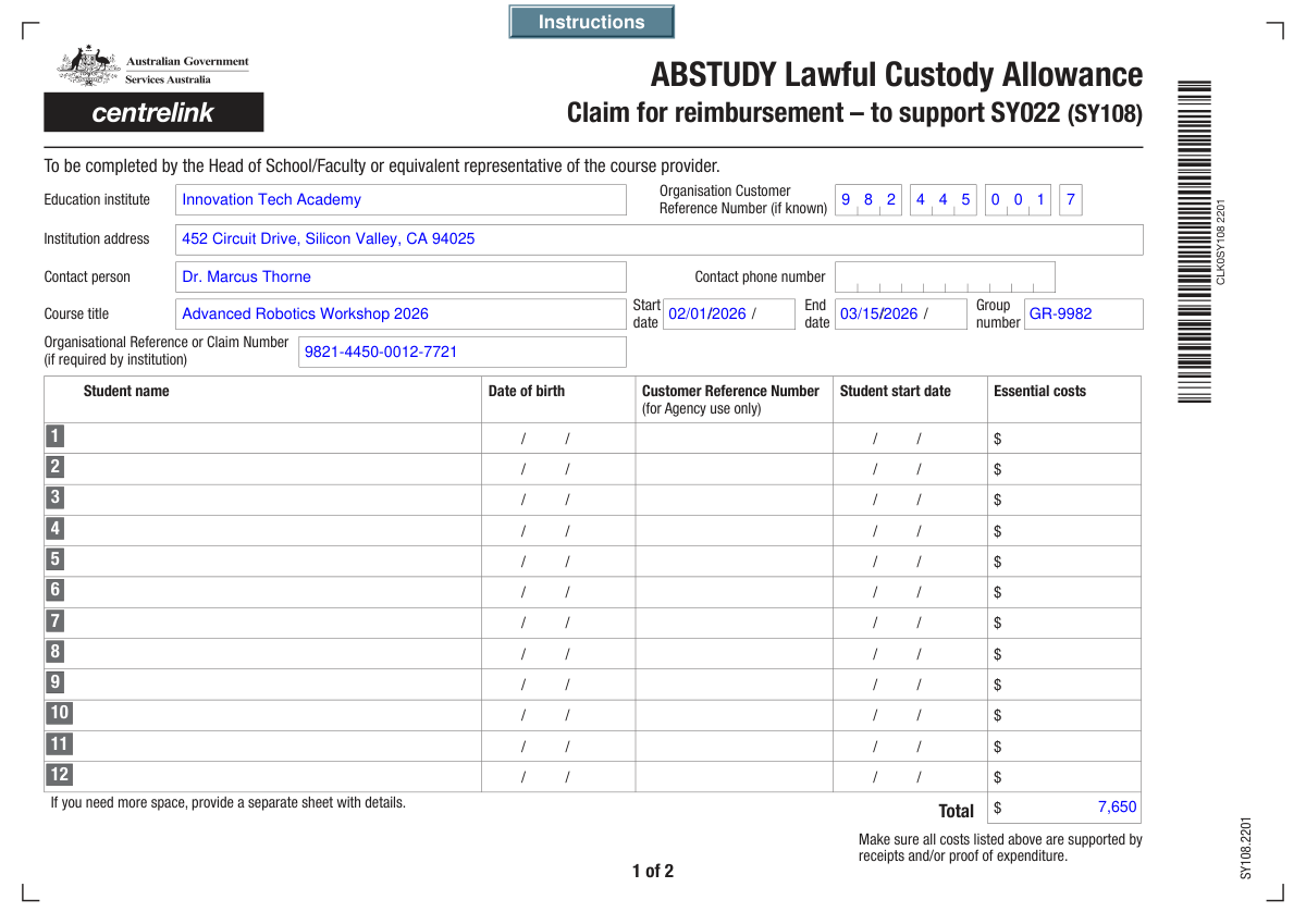 Completed Education Course Costs and Student Details Claim Form showing extracted institutional and student data