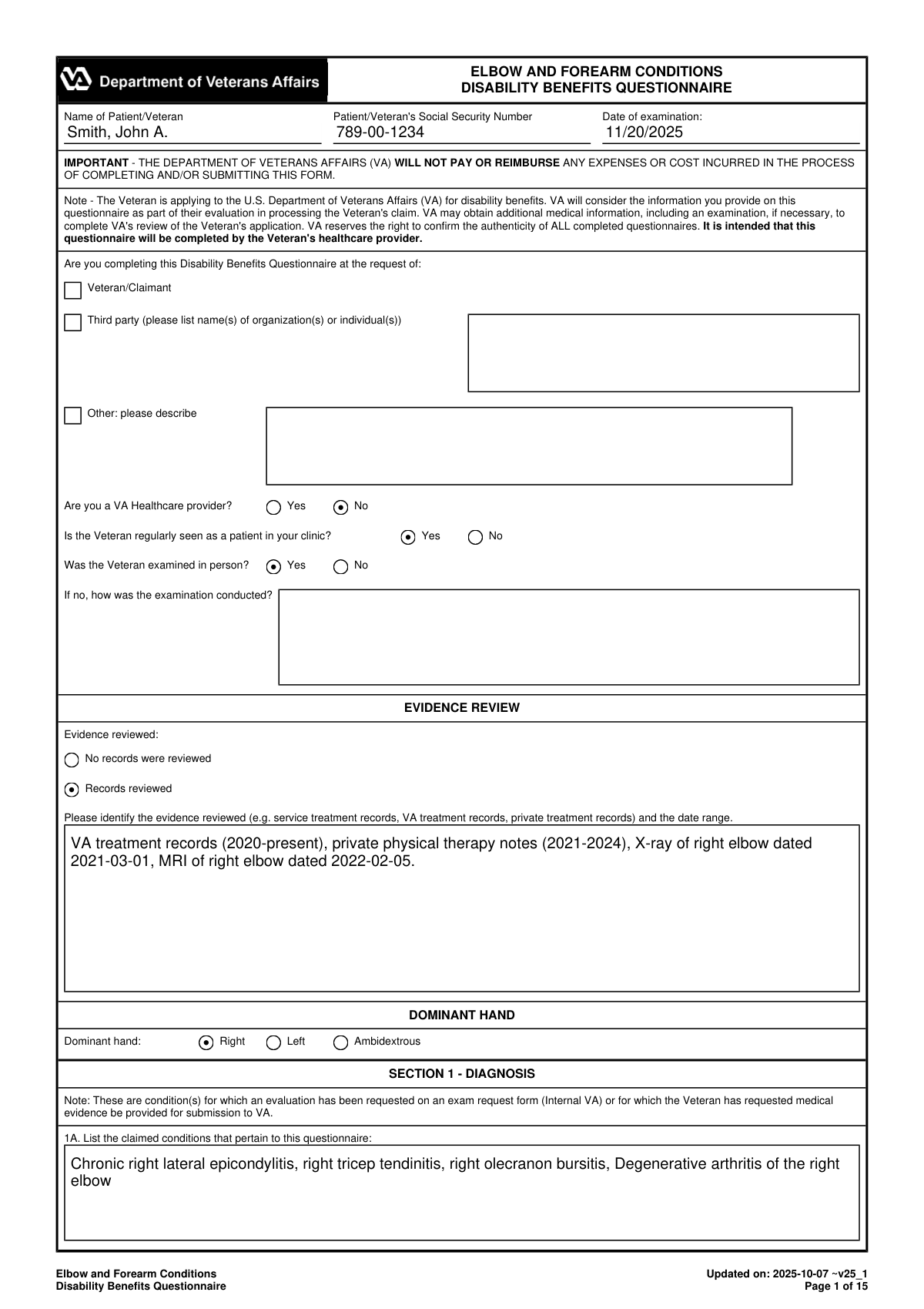 Completed Elbow and Forearm Conditions Disability Benefits Questionnaire for a veteran with chronic epicondylitis, tendinitis, and bursitis.