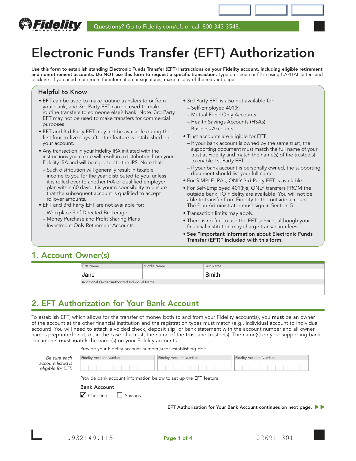 Completed Electronic Funds Transfer (EFT) Authorization form for a vendor setting up direct deposit payments.