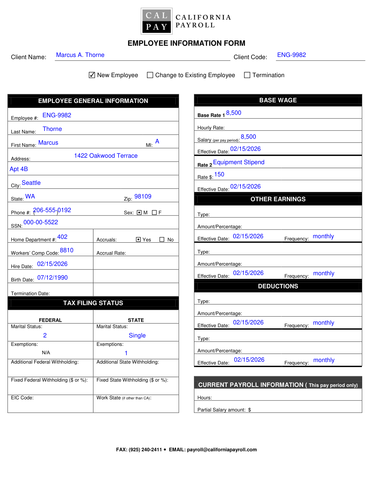 Filled Employee Action Form for a new hire