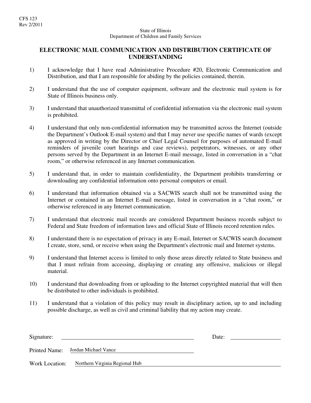 Completed Employee Information & Work Location Form for a new remote hire