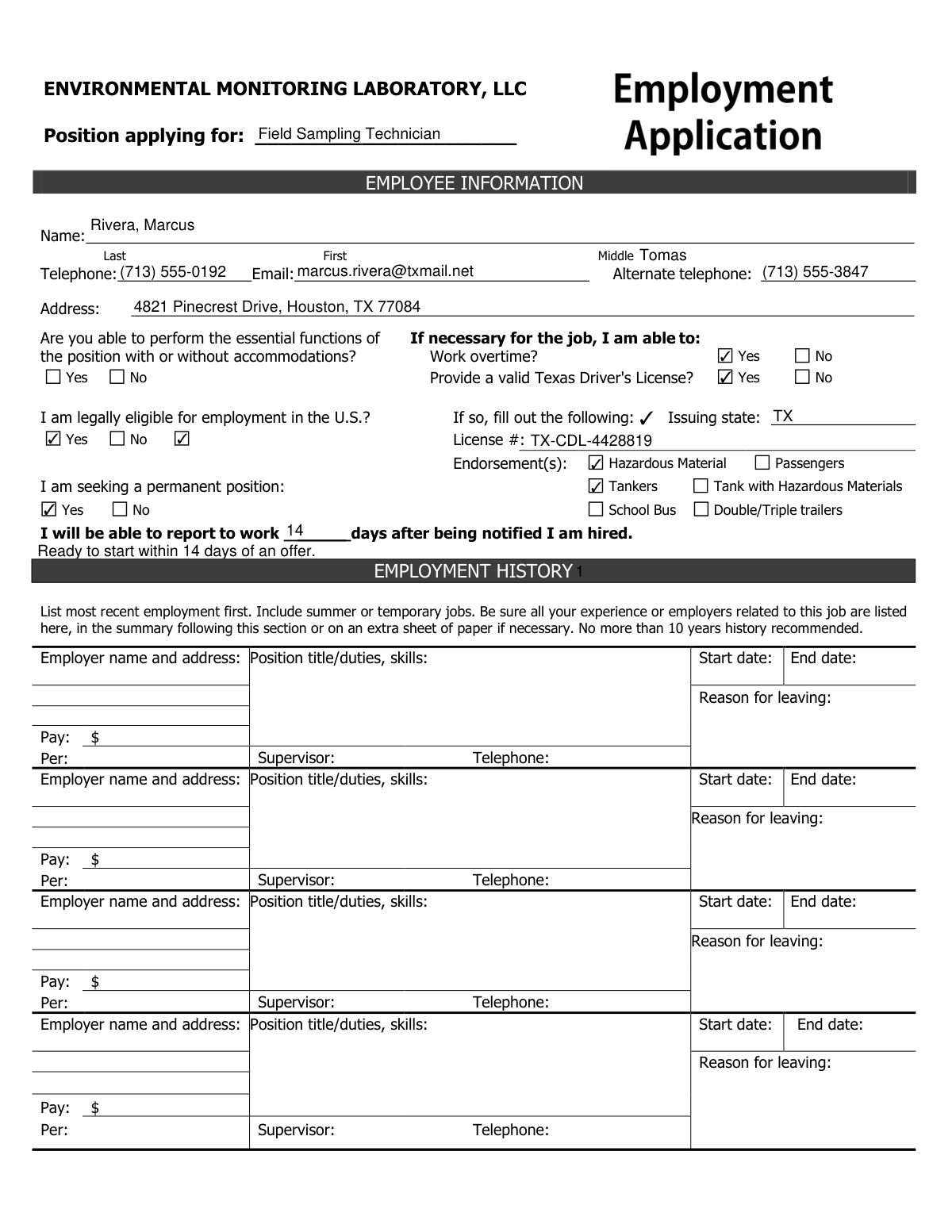 Completed Environmental Monitoring Laboratory LLC Employment Application for a Field Sampling Technician candidate