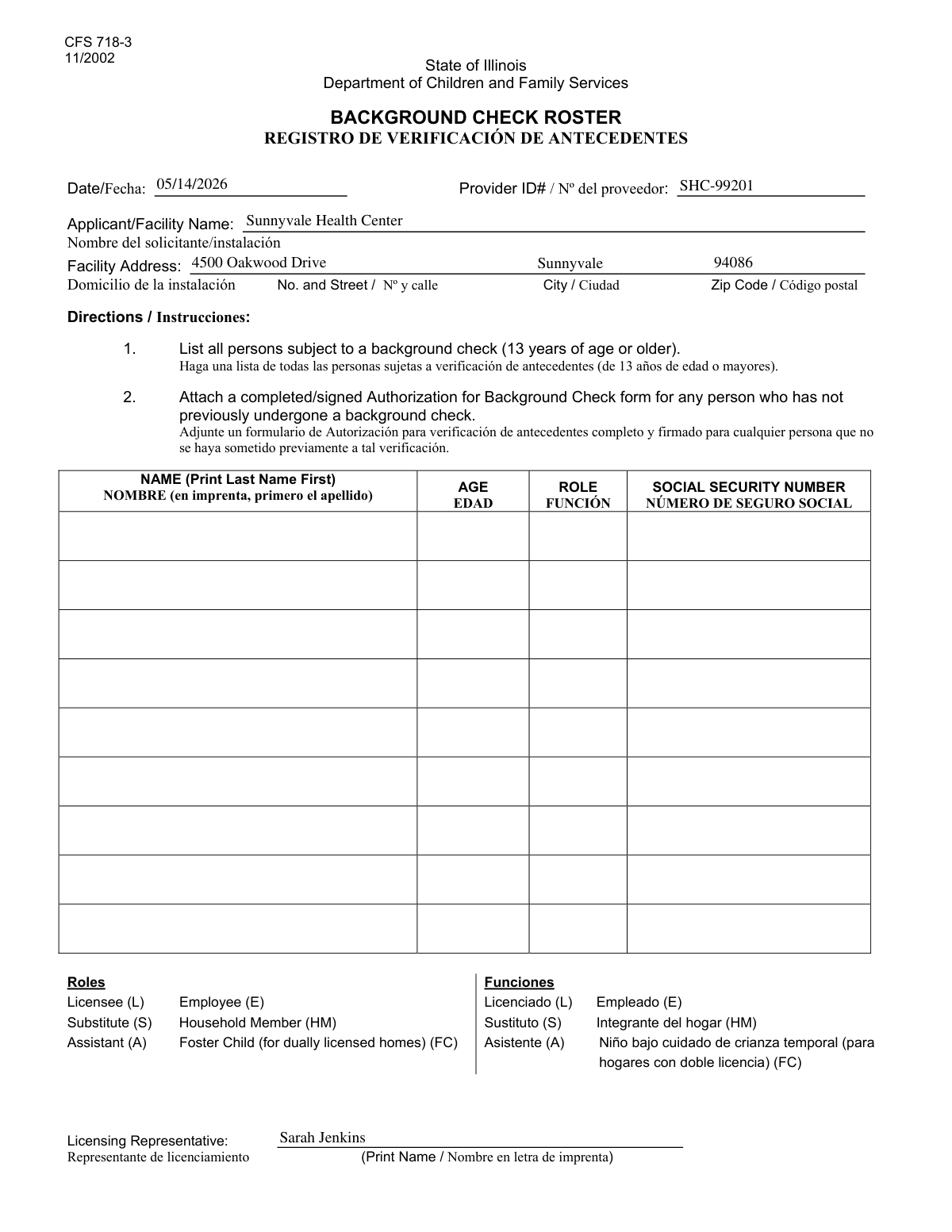 Completed Facility Personnel Roster form for Sunnyvale Health Center.