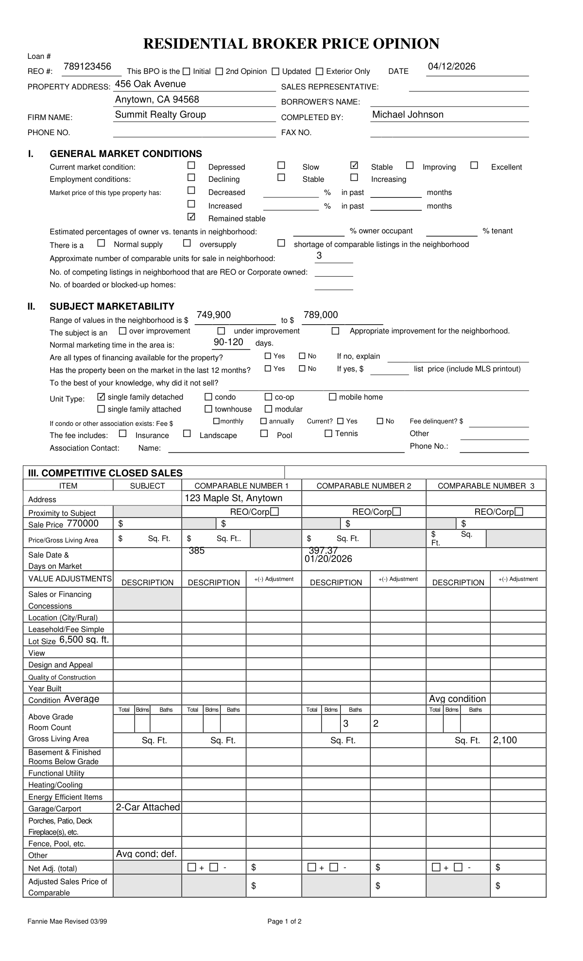 Completed Fannie Mae Residential Broker Price Opinion (BPO) form for a suburban single-family home