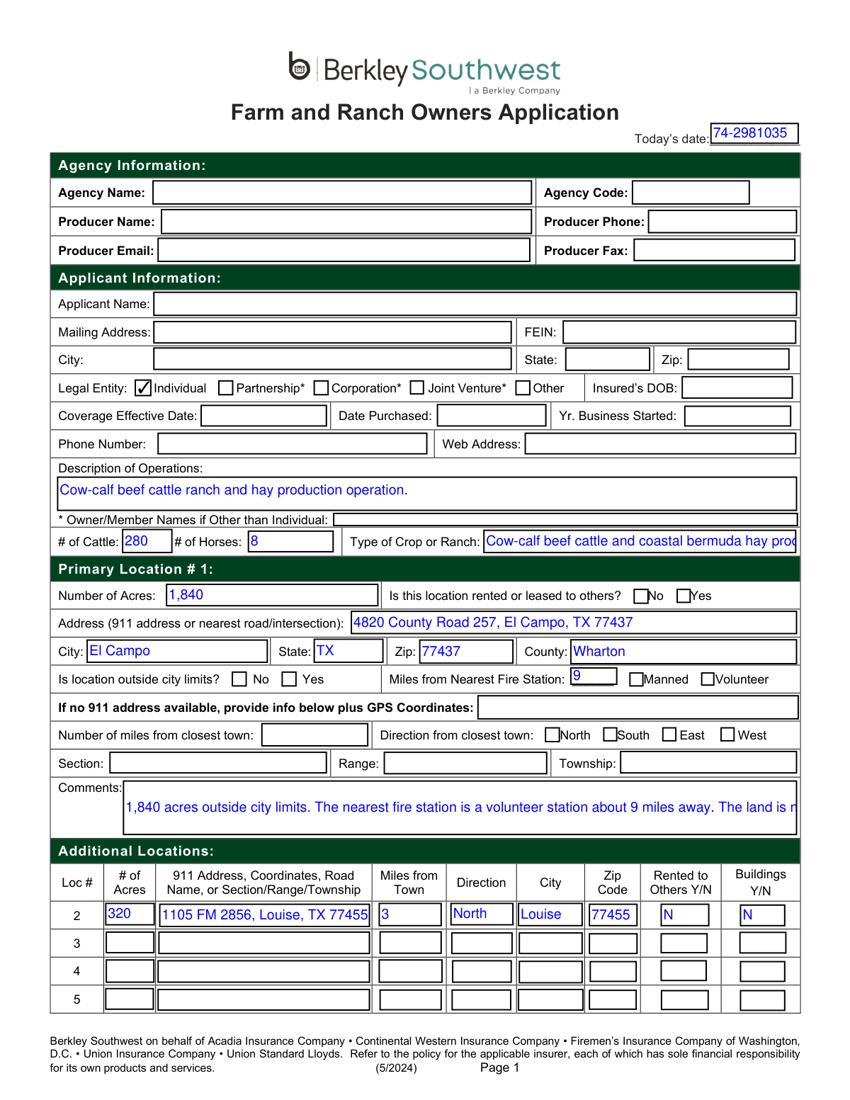 Completed Farm and Ranch Owners Application for a Texas cattle ranch and hay operation owned by Wade Hollister