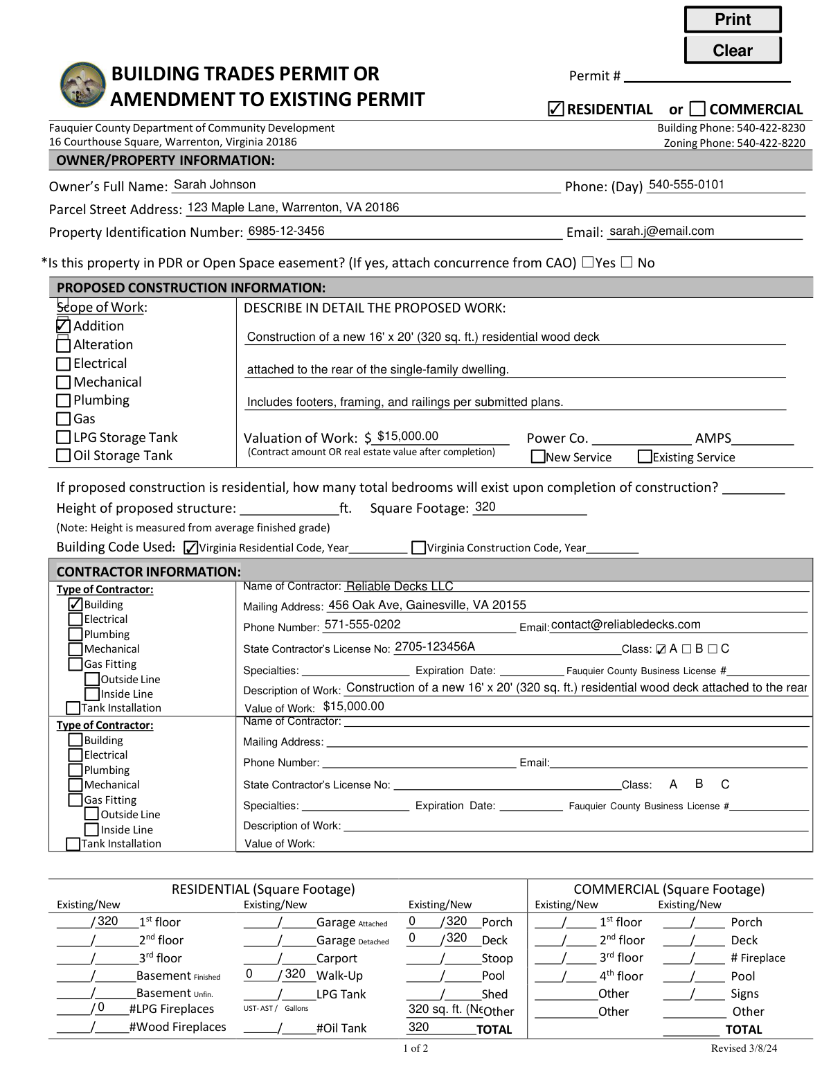 Completed sample of a Fauquier County Building Trades Permit Application for a new residential deck.