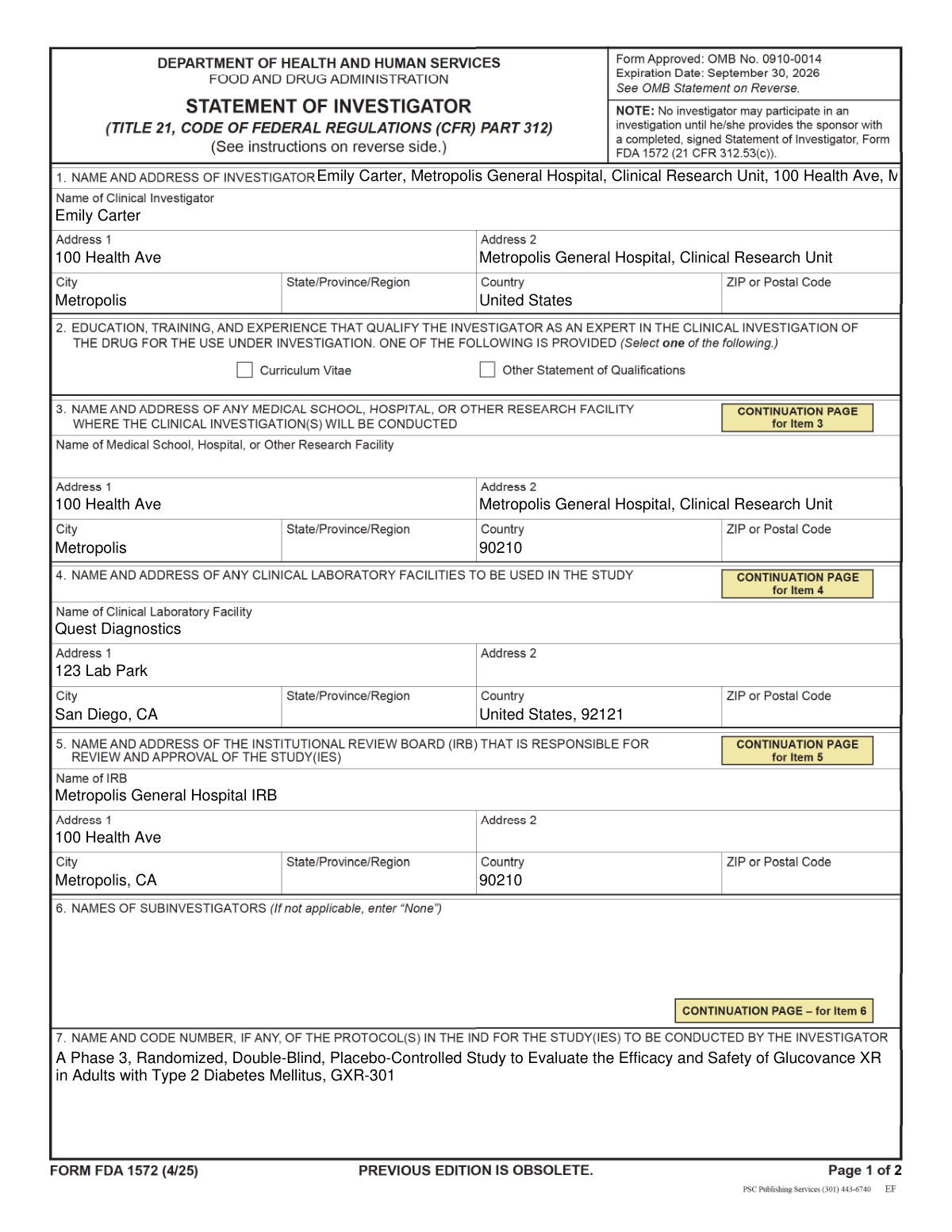 A sample of a completed FDA Form 1572, Statement of Investigator, for a Phase 3 clinical trial.