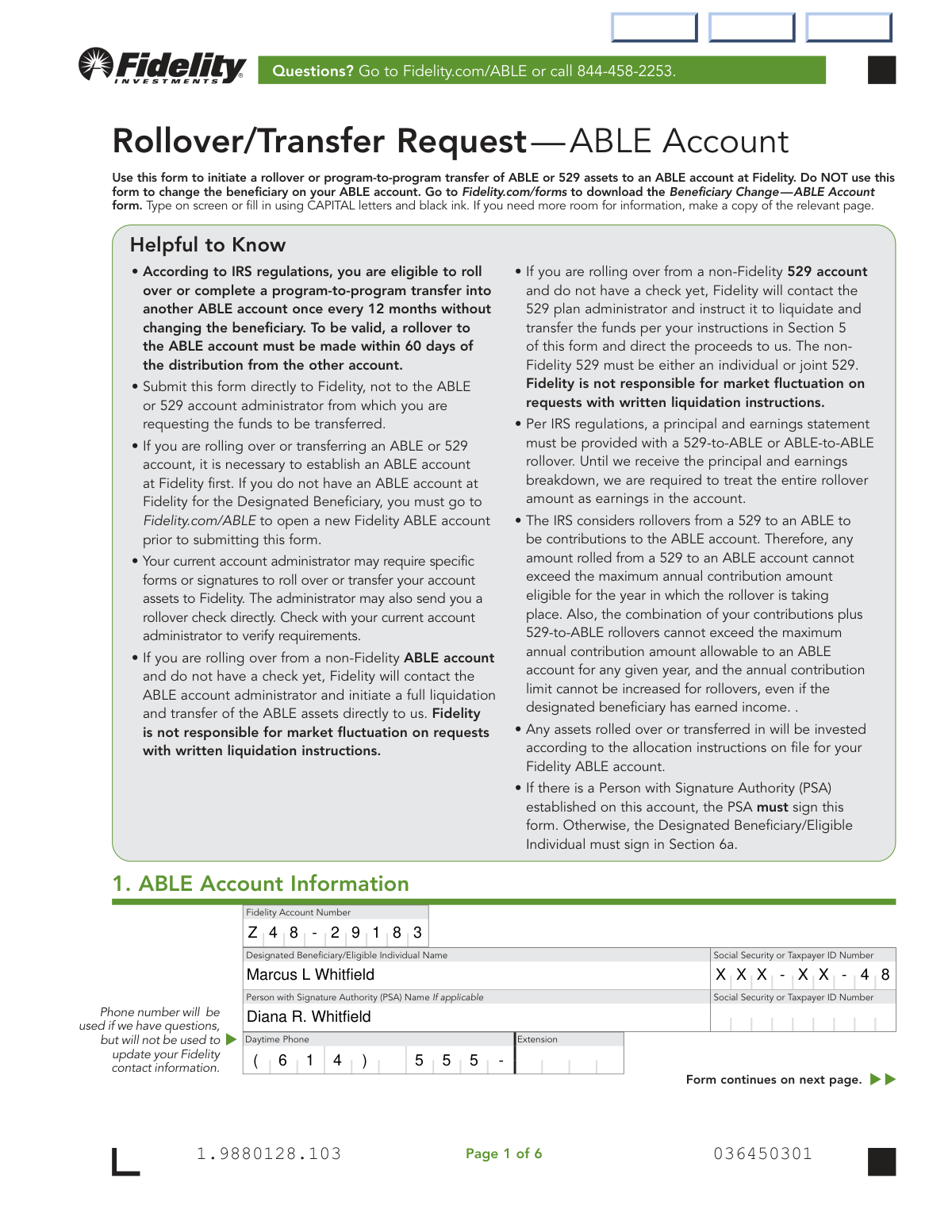 Completed Fidelity ABLE Account Rollover/Transfer Request Form for a same-beneficiary rollover from another state's ABLE program to a Fidelity ABLE account