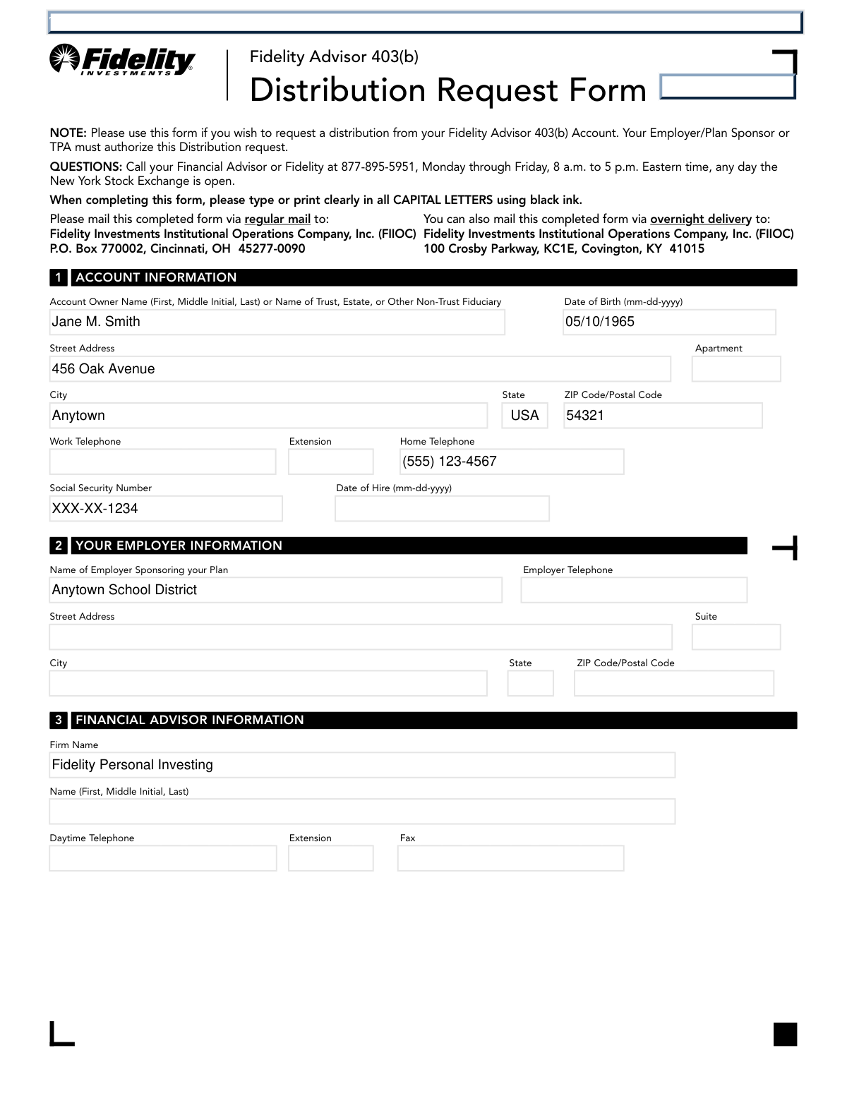 Completed Fidelity Advisor 403(b) Distribution Request Form showing a direct rollover to an IRA.
