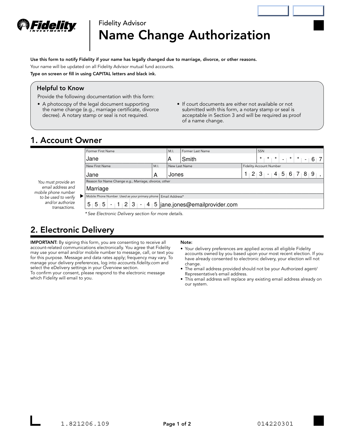 Completed Fidelity Advisor Name Change Authorization form example for an individual who changed their name after marriage.