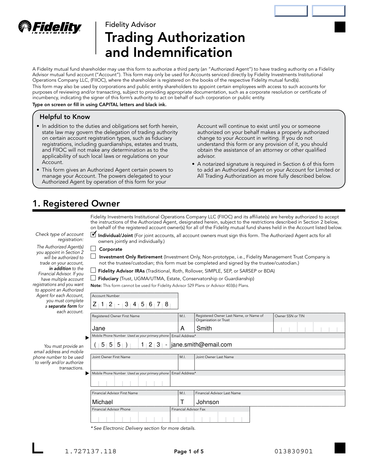 A completed sample of a Fidelity Advisor Trading Authorization and Indemnification form for an individual brokerage account.