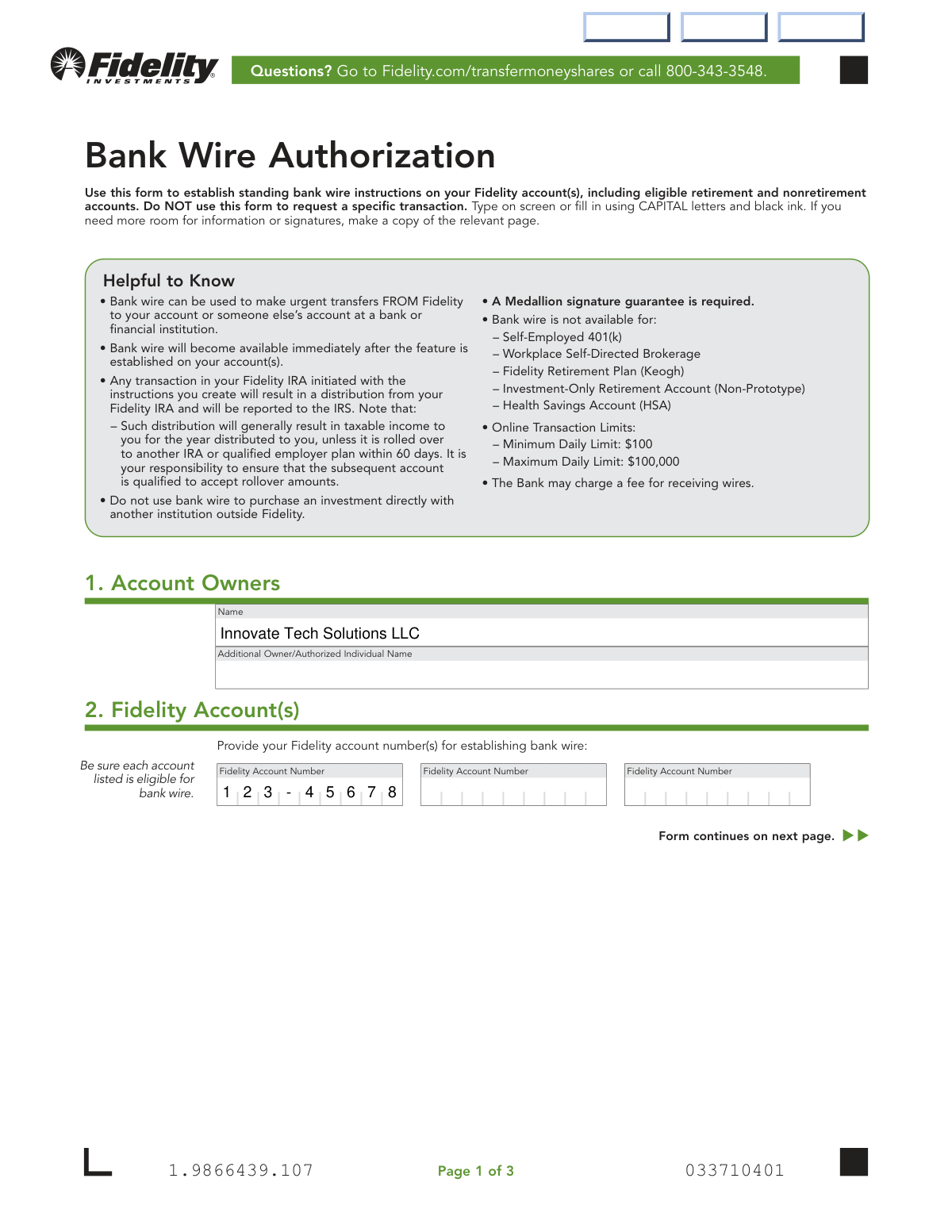 Completed Fidelity Bank Wire Authorization form sample for an international business payment to a supplier in Germany.