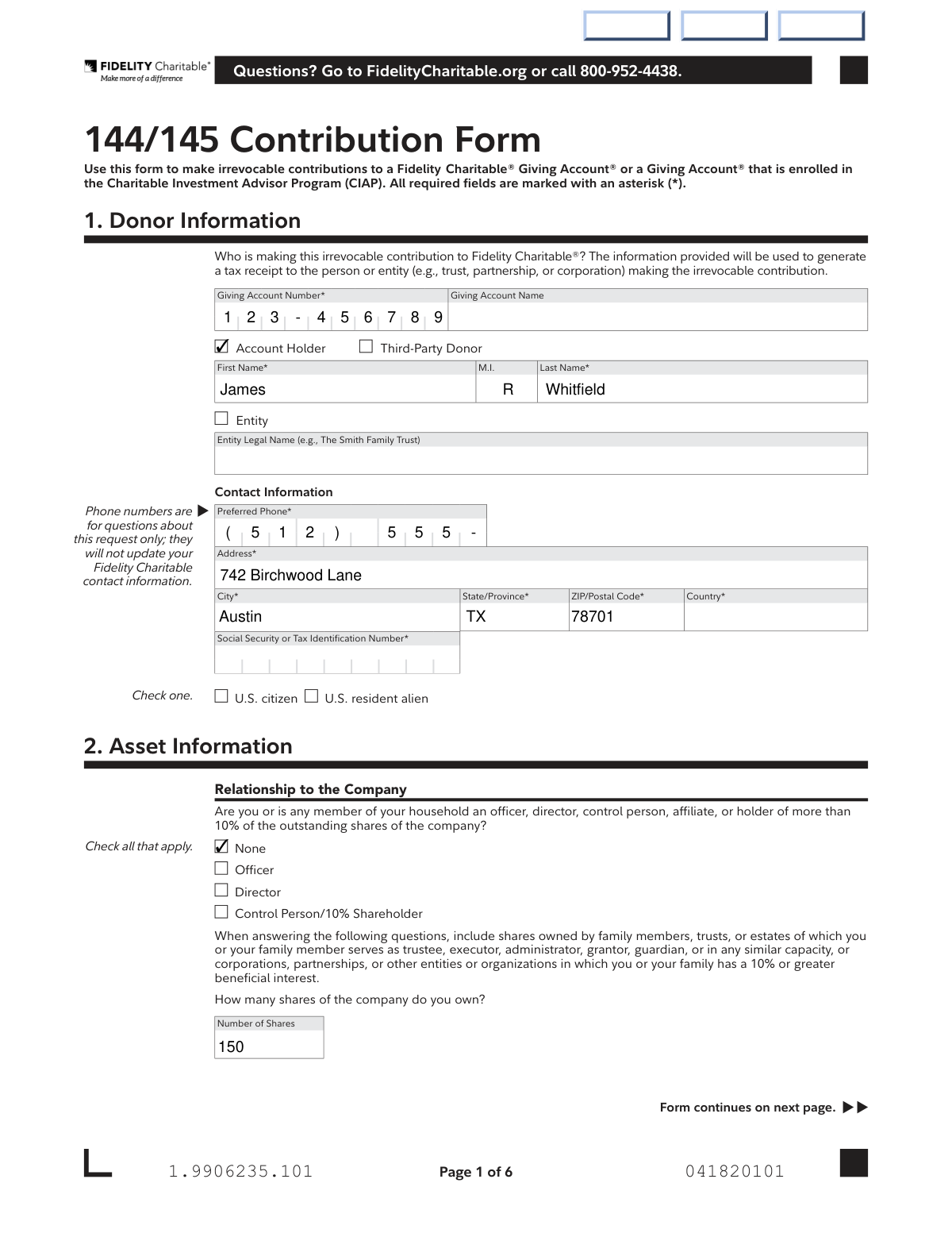 Completed Fidelity Charitable 144/145 Contribution Form for a donor contributing appreciated publicly traded stock to a Giving Account