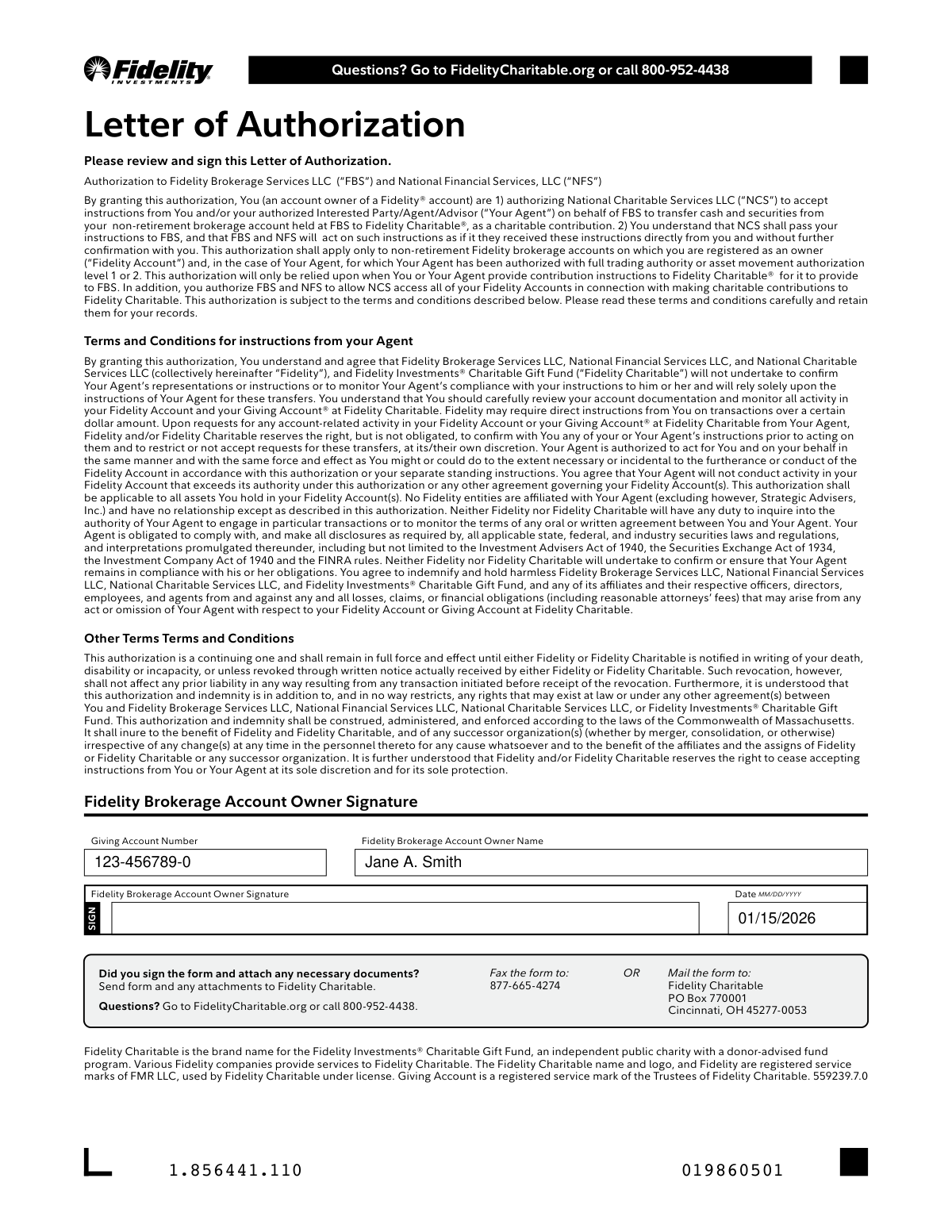 A sample of a completed Fidelity Charitable Letter of Authorization form to appoint a financial advisor.