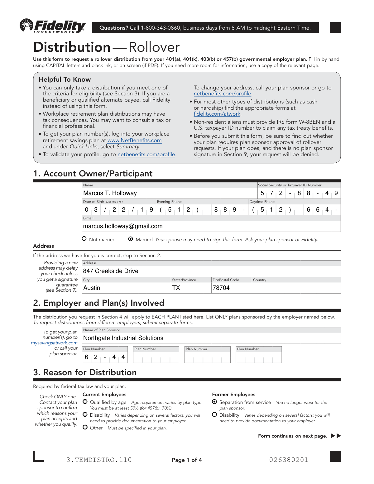 Completed Fidelity Distribution—Rollover form for a former employee rolling over 401(k) assets to a Rollover IRA after a job change