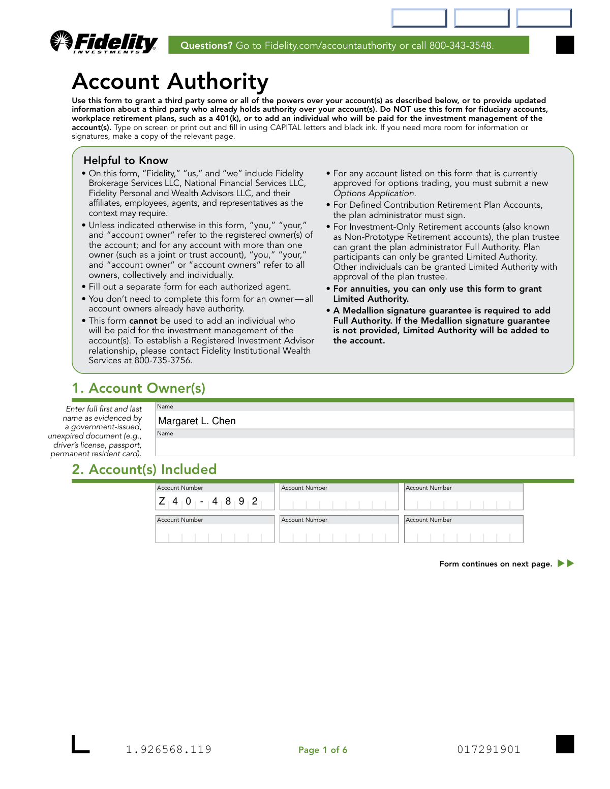 Completed Fidelity Investments Account Authority Form example showing a trusted contact person being added to a brokerage account