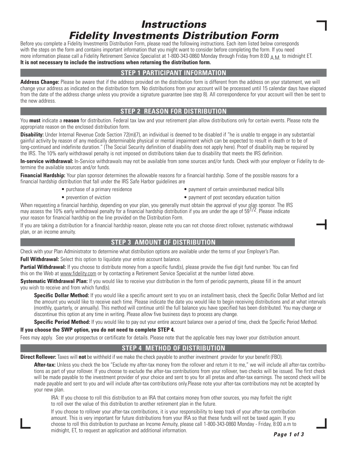 Completed Fidelity Investments Distribution Form sample for a standard IRA withdrawal by a retiree.