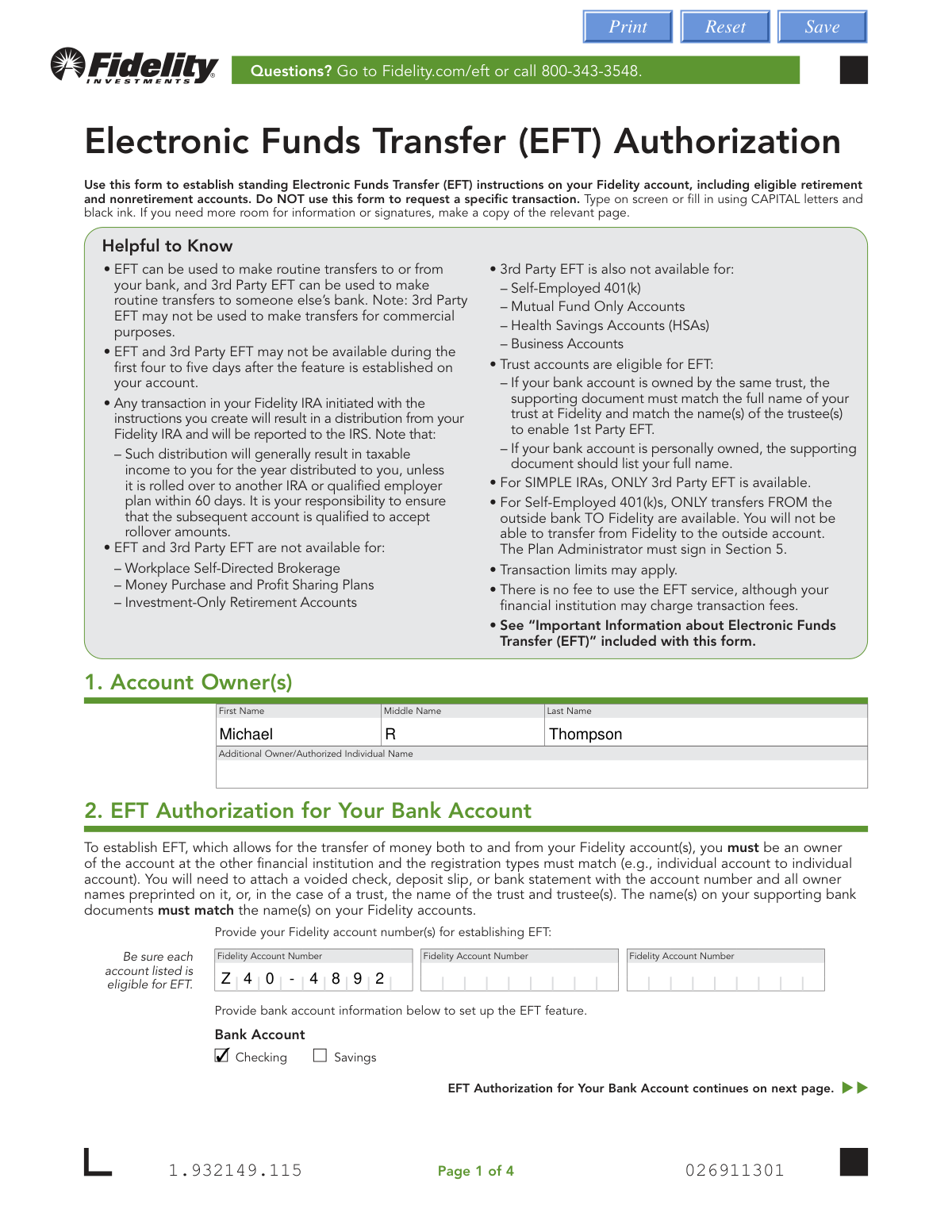 Completed Fidelity Investments Electronic Funds Transfer (EFT) Authorization Form for automatic monthly investment contributions