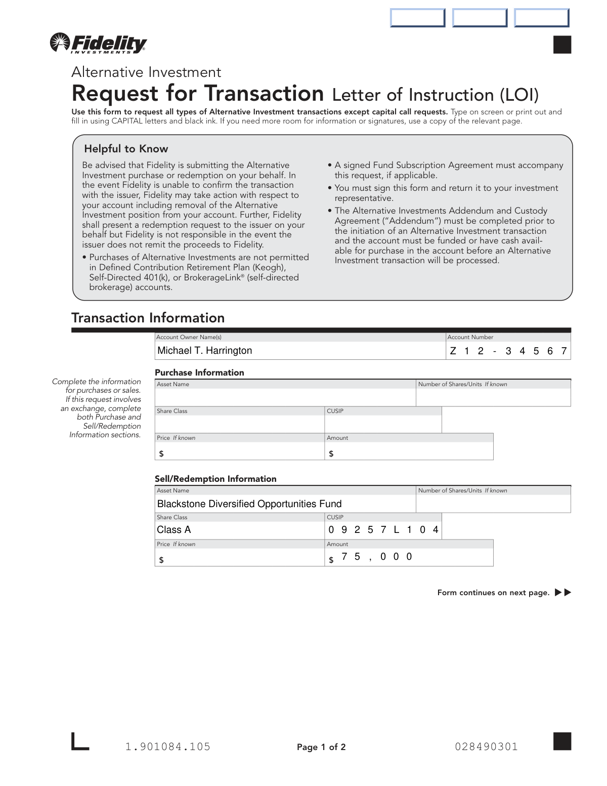 Completed Fidelity Investments Request for Transaction Letter of Instruction (LOI) for Alternative Investments – Hedge Fund Redemption Request sample form