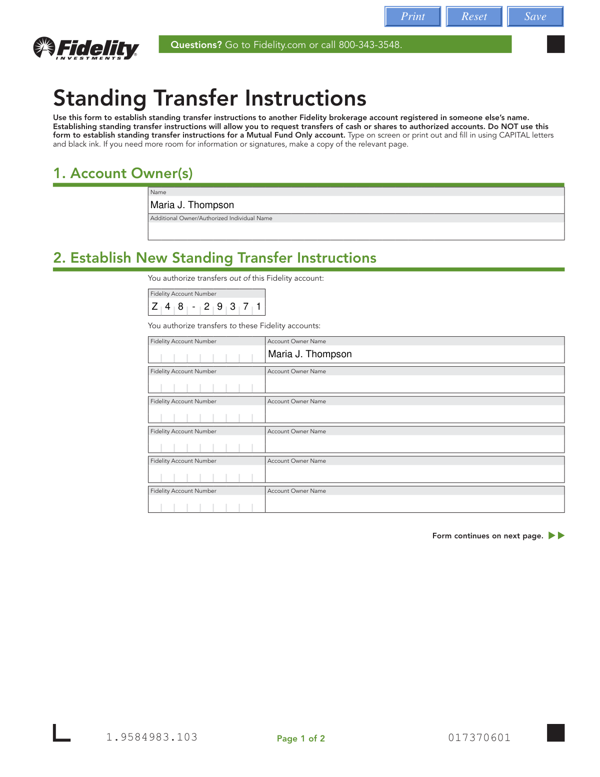 Completed Fidelity Investments Standing Transfer Instructions Form for a recurring monthly transfer from a brokerage account to an external checking account